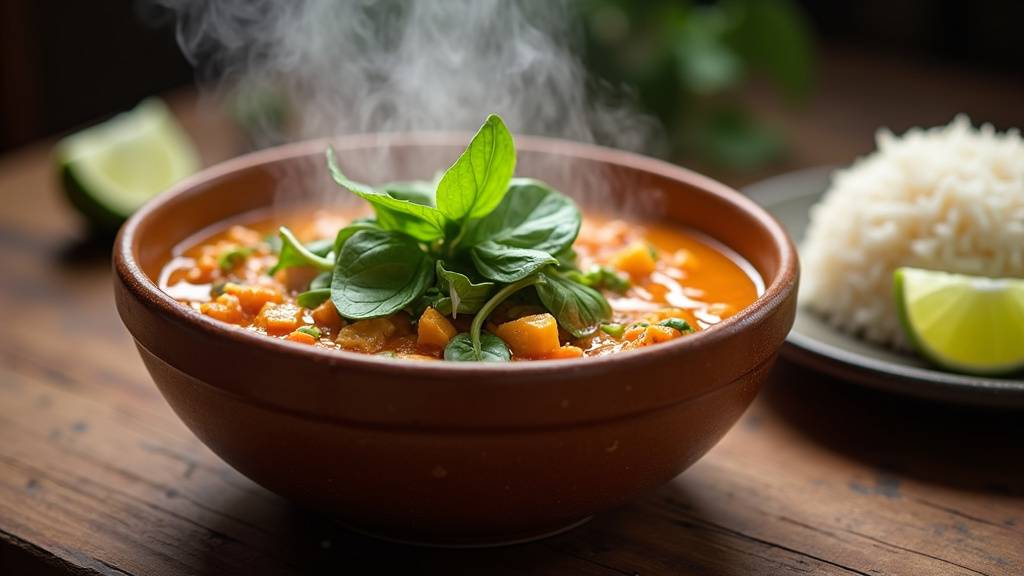 Bol de curry vert thaï maison avec riz jasmin, basilic thaï frais et piment rouge en garniture
