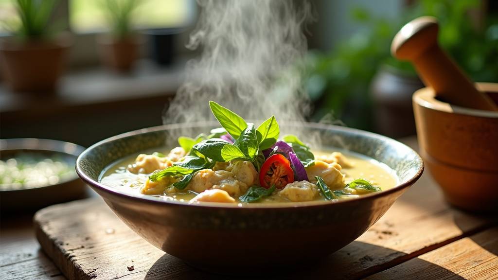 Curry thaï maison dans un bol en céramique avec basilic thaï frais et piments rouges