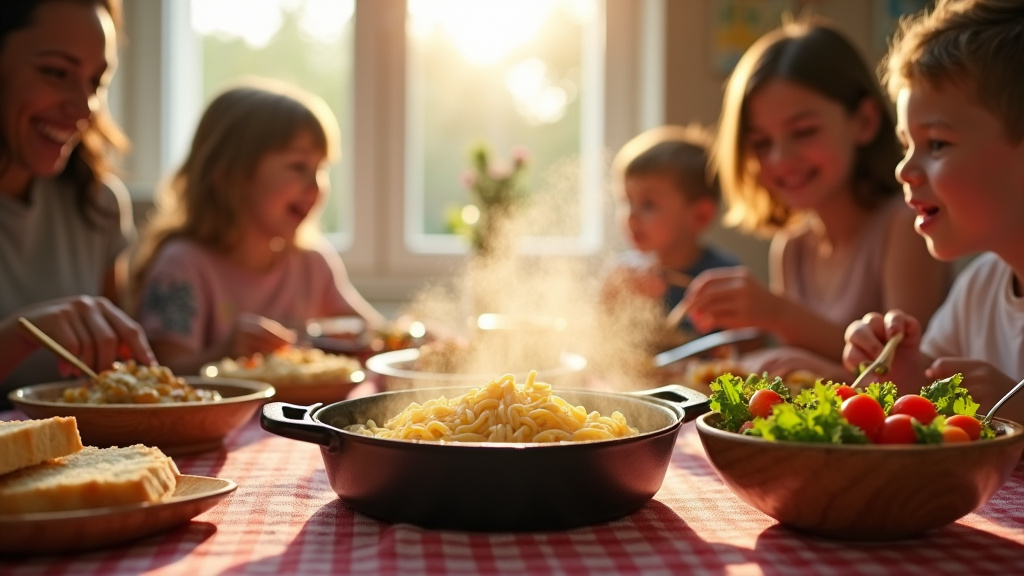 Table familiale avec assiettes colorées et plats savoureux prêts à être dégustés