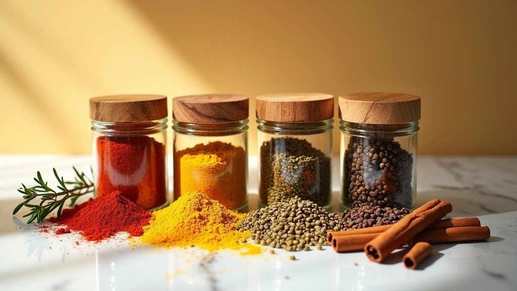 Collection colorée d'épices entières dans des bols en bois sur un plan de travail de cuisine