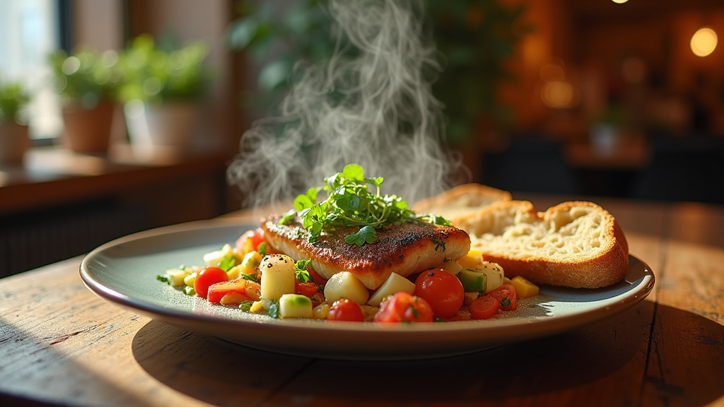Plateau repas équilibré avec entrée, plat et dessert dans des contenants de qualité