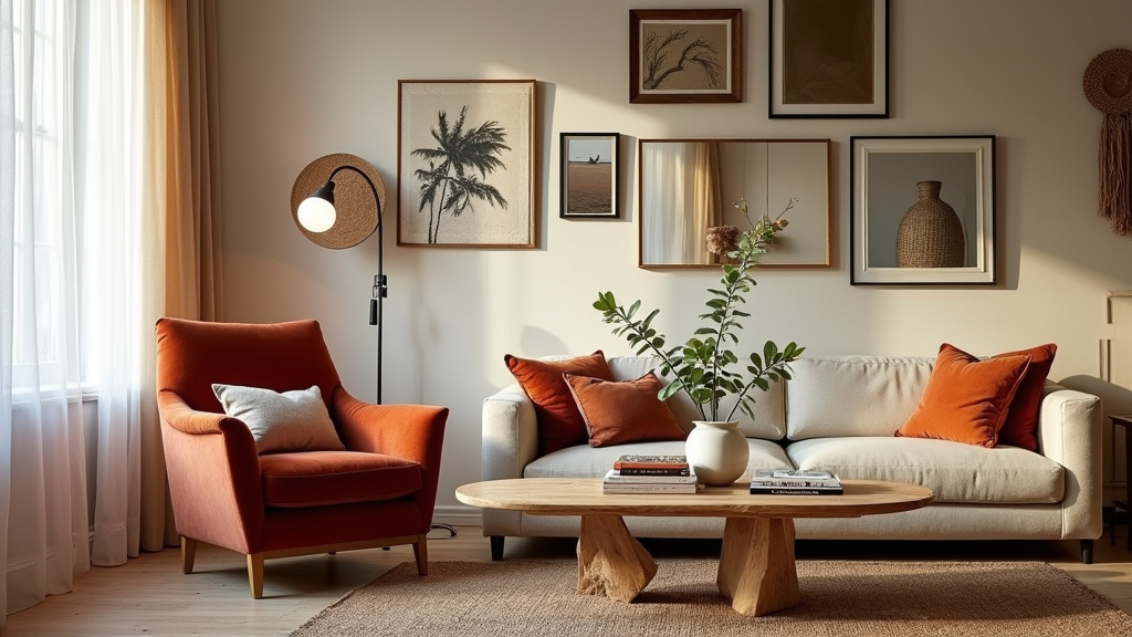 Espace de décoration dans le magasin avec meubles et accessoires créant une ambiance chaleureuse
