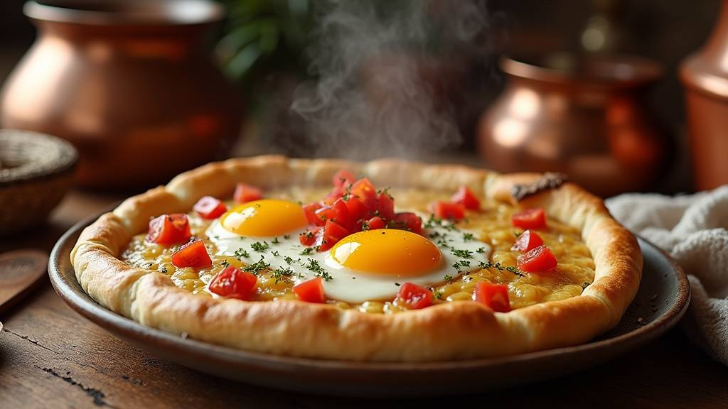 Vue aérienne d'une table généreusement garnie de divers mezzés turcs colorés, avec du pain pita et des herbes fraîches.