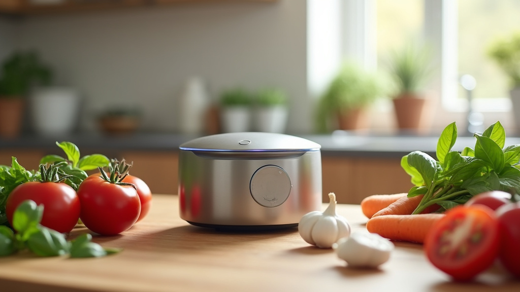 Robot Monsieur Cuisine en action dans une cuisine moderne avec des ingrédients frais