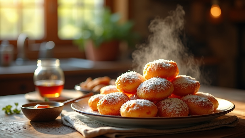 Merveilles traditionnelles dorées dans un plat en céramique avec du sucre glace saupoudré
