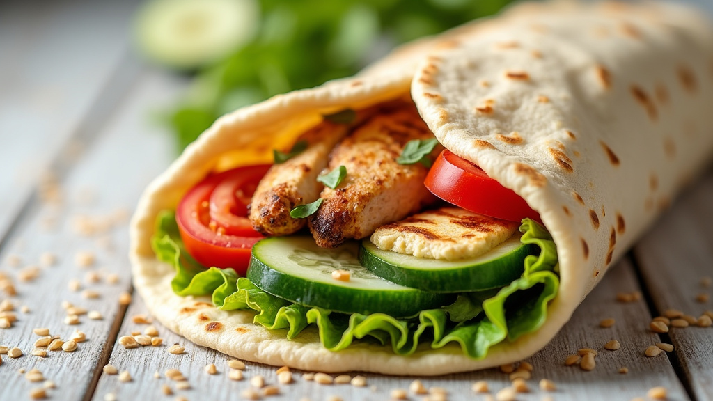 Wraps colorés garnis de légumes frais et de protéines savoureuses